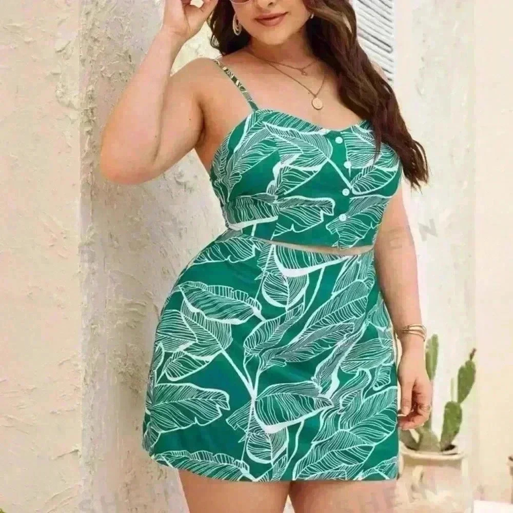 SHEIN Plus Tropical Leaf Print Cami Top & Skirt size XL